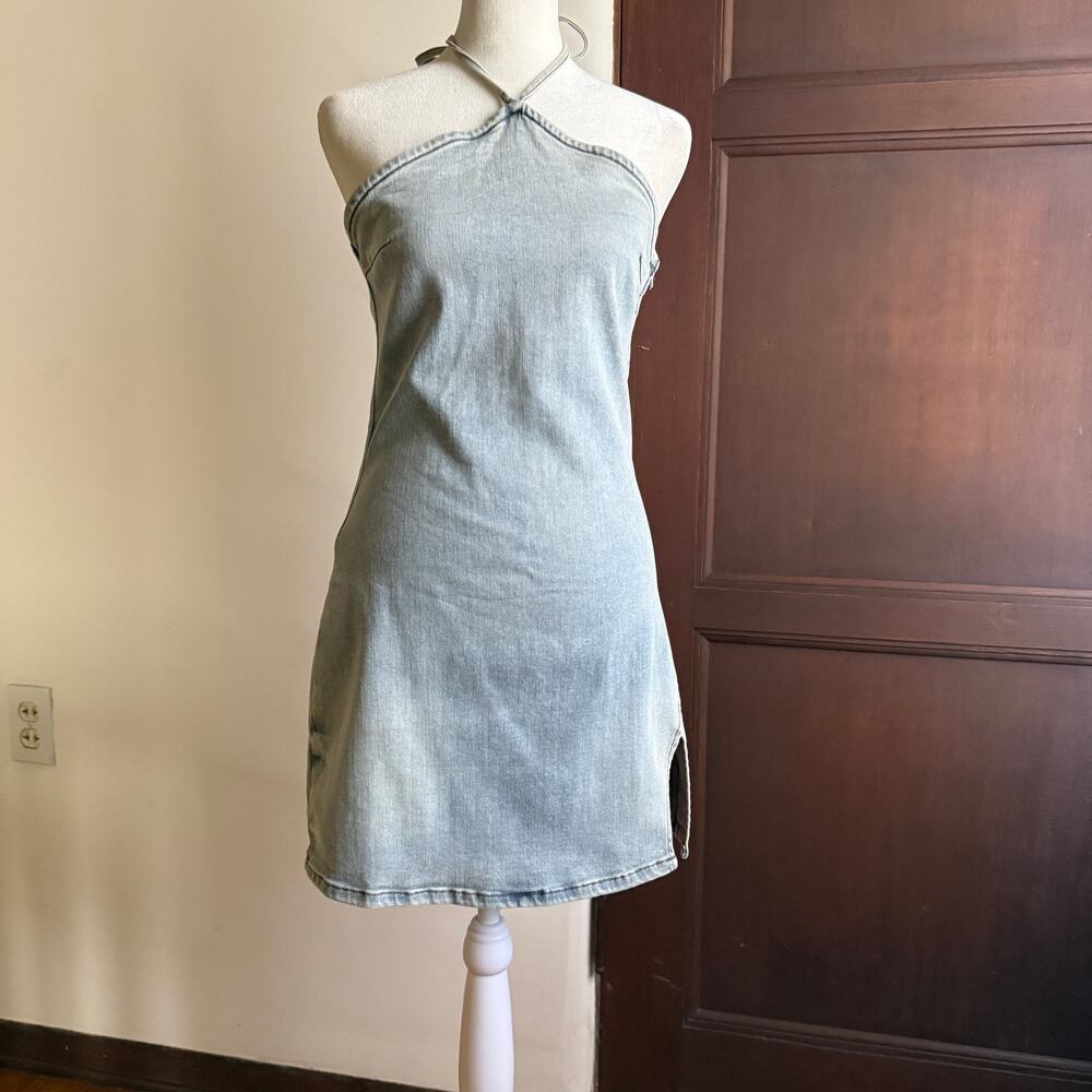 SER.O.YA Sage Denim Halter Mini Dress Slit in Skylight | Medium BNWT - Picture 2 of 6